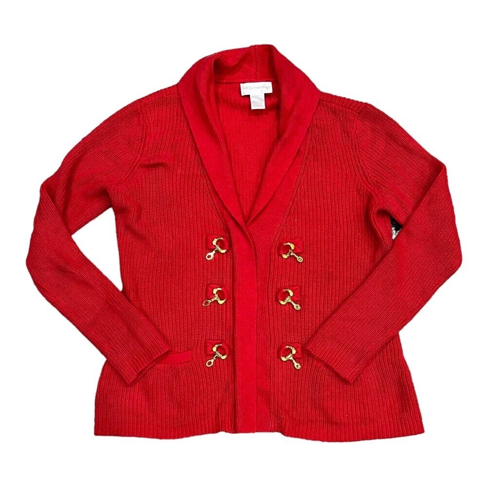 Soft Surroundings Red Shawl Collar Gold Clasp Cardigan Sweater L